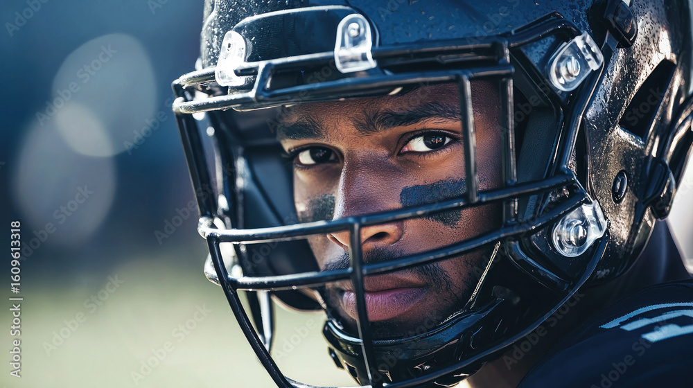 Fototapeta premium A football player in a black helmet and uniform, with sweat on his face, looking determined.