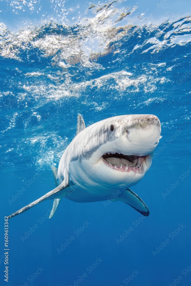 Fototapeta premium Great white shark swimming in blue ocean water with open mouth