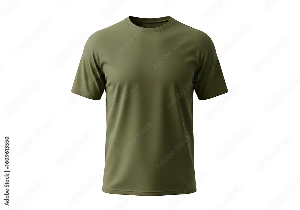 A plain, olive-green t-shirt, front view. A plain, olive-green t-shirt, front view.