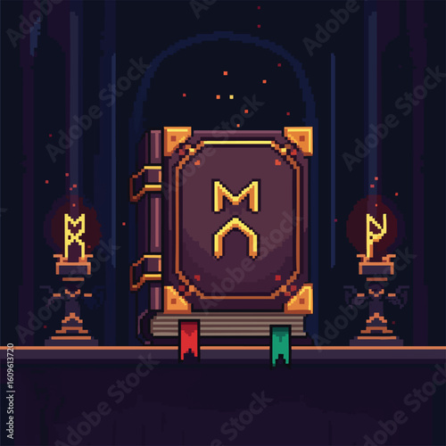 Ancient Pixelated Grimoire with Mystical Symbols and Ornate Cover.