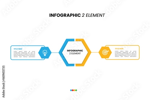 Minimalist 2-step infographic template with hexagon shapes. Ideal for comparing ideas, showing cause effect, or presenting dual concepts. Fully editable