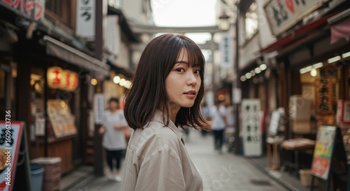 A Young Woman Stands in a Japanese Alleyway Looking Towards The Viewer