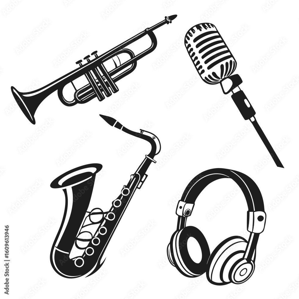 Naklejka premium Trumpet saxophone microphone headphones musical instruments vector