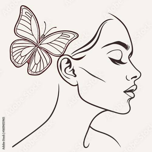 Line art of a woman in side profile with a butterfly-shaped hair accessory, elegant style, closed eyes, soft coral and navy tones, vector design, surreal and feminine look