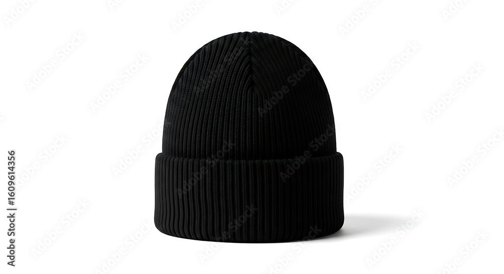 Fototapeta premium A single black ribbed knit beanie isolated on a plain white background