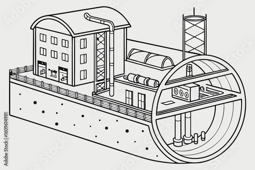 Illustration of a building connected to a tunnel structure with pipes and a tower on a light background