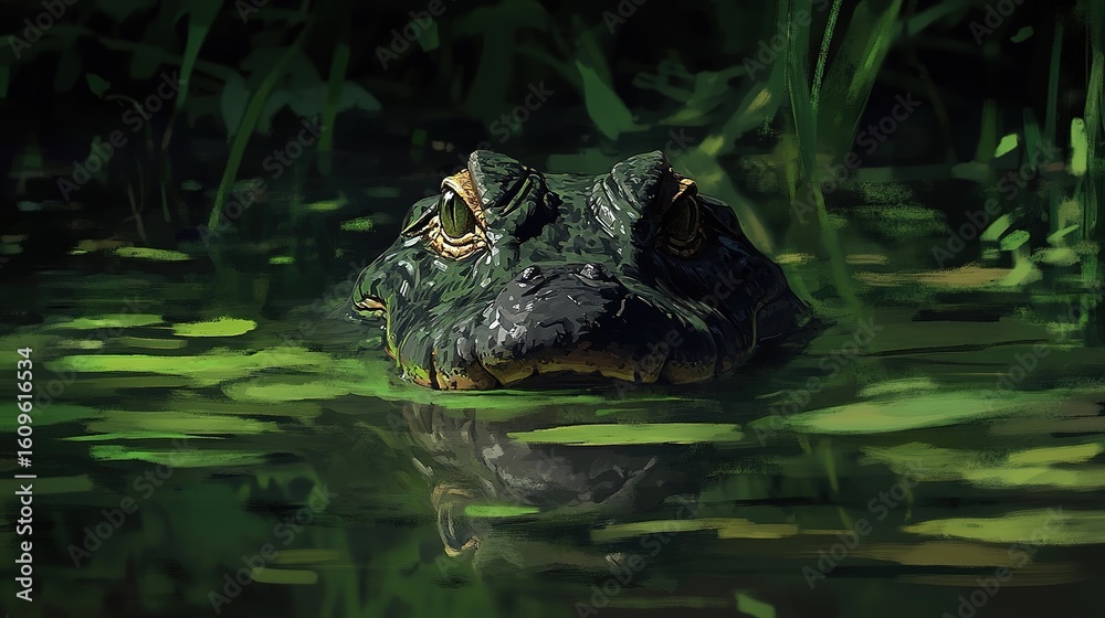 Fototapeta premium Close-up of an alligator's head in a swamp