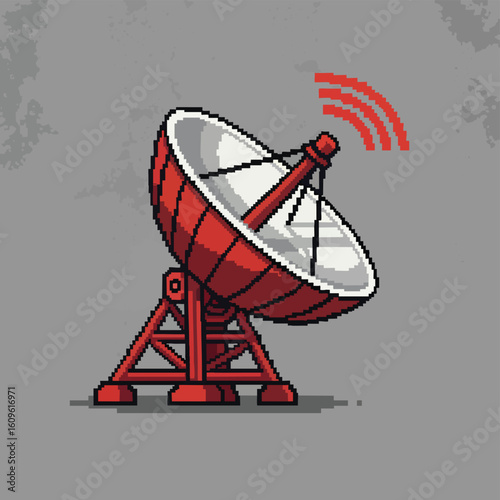 Red and White Pixel Art Satellite Dish Emitting Signal Waves.