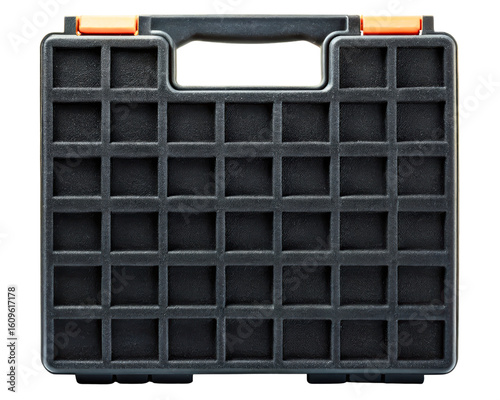 Black plastic hardware case with a textured grid and carry handle on a transparent background