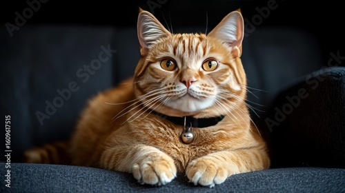 Ginger cat lounges on a soft, dark sofa
