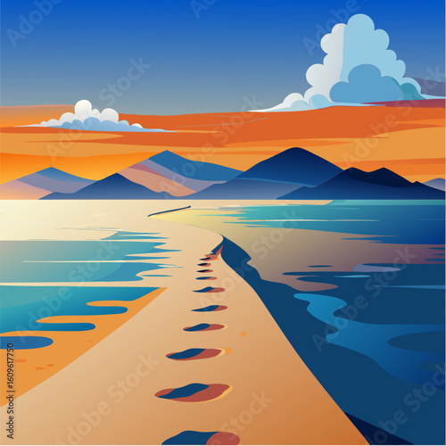 Peaceful beach path at sunset with footprints. leading to mountains and ocean. Tranquil scene with soft colors and a calm. inspiring mood.