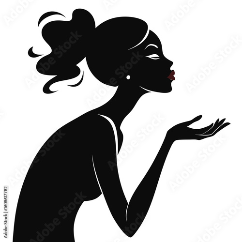 Elegant silhouette of a woman blowing a kiss vector illustration in minimalist black and white design