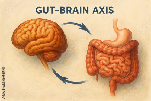 A detailed medical illustration depicting the gut-brain axis, showing the human brain and digestive system connected by directional arrows.