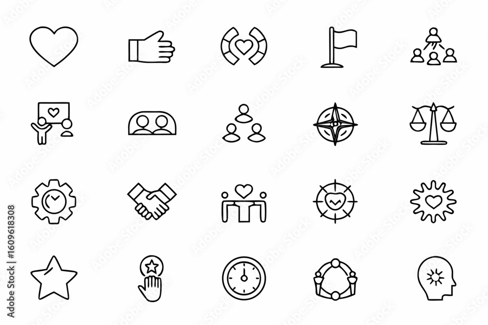 Fototapeta premium A clean line illustration set symbolizing personal and workplace values. Ideal for employee onboarding kits, ethical code posters, or educational infographics.
