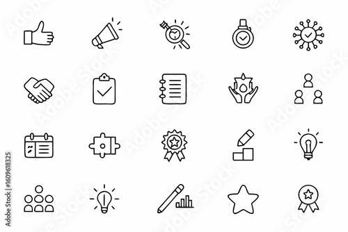 A creative and organized bundle of line drawings representing visual metaphors for best practices in action. Great for business icons, blog visuals, and internal communications.