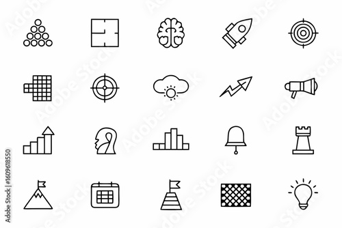 A smart and clean single-line icon bundle visualizing planning, logic, and forward-thinking concepts for strategy-minded content creators and businesses.
