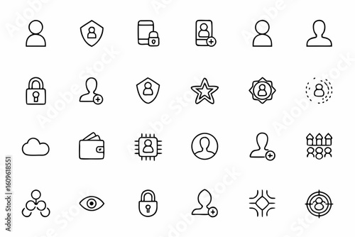 A sleek bundle of continuous-line vector designs focused on personal identity, login management, and account security for digital platforms. Perfect for websites and admin panels