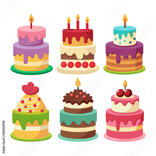 A delightful collection of six whimsical cartoon style birthday cakes each uniquely decorated with colorful frosting cherries and lit candles perfect for celebrating special occasions