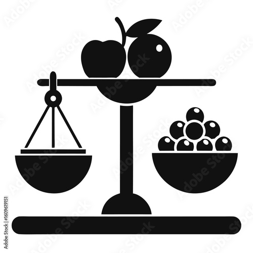 Equilibrium illustration featuring fruit apples and berries balanced on a classic weighing scale depicting fairness and proportion