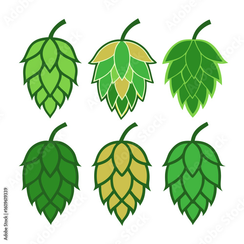 Six Stylized Hop Cones in Varying Shades of Green and Yellow Arranged in a Grid Pattern Isolated on a White Background Ideal for Brewing or