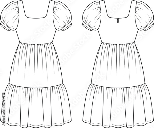 Dress front and back views, square neckline, puff sleeves, tiered skirt design, zipper closure, fashion sketch, garment construction illustration