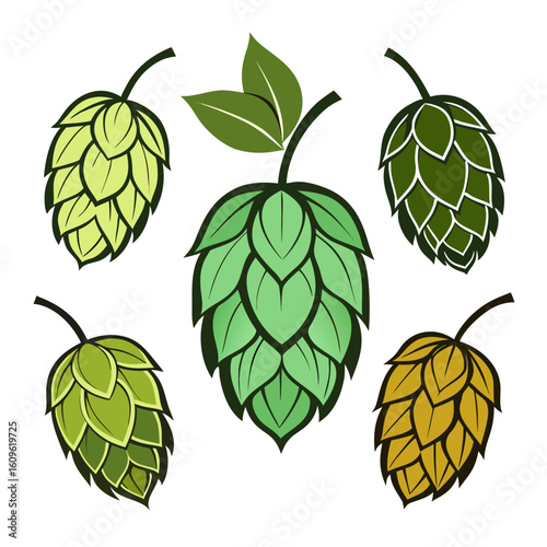 A collection of stylized hop cones in various shades of green and gold arranged against a white background showcasing different stages or varieties of the