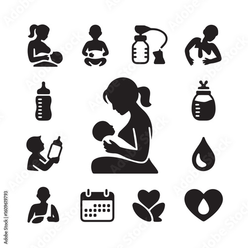 Collection of silhouette icons representing motherhood breastfeeding baby care and family bonding moments