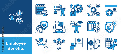 Bereavement, Wellness program, Professional Employee Benefits icon set. withdevelopment, Profit sharing, Saving account, Elder care, Legal assistance, Work life balance, Family health care.