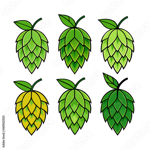 A collection of six stylized hop cones in varying shades of green and yellow presented against a clean white backdrop perfect for brewing or agricultural