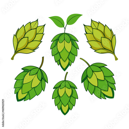 A vibrant collection of hop cones depicted in a cartoon style showcasing various shades of green and yellow arranged artfully on a clean white background
