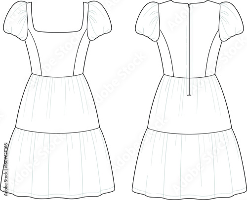 Dress technical sketch, puff sleeves, square neckline, gathered skirt, back zipper, tiered design, fashion illustration, pattern making, sewing reference
