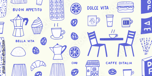 Italian cafe and lifestyle doodles with italian phrases