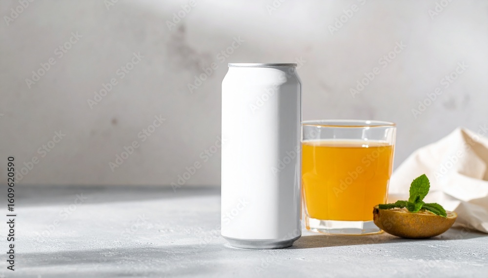 Fototapeta premium Sleek Can Mockup and Glass of Cold Refreshing Drink Captured in Elegant Still Life Scene with Subtle Natural Lighting 