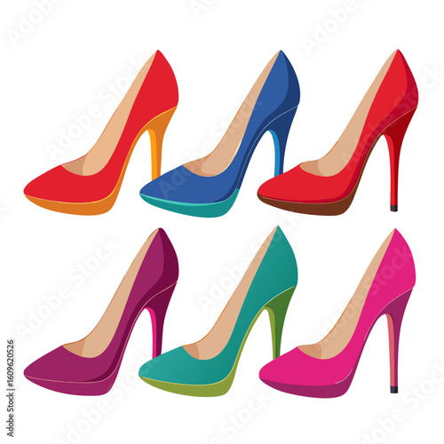 Elegant Array Six Colorful High Heel Shoes on a White Background Showcasing Red Blue Purple Teal and Pink Variations Ideal for Fashion Style and Design