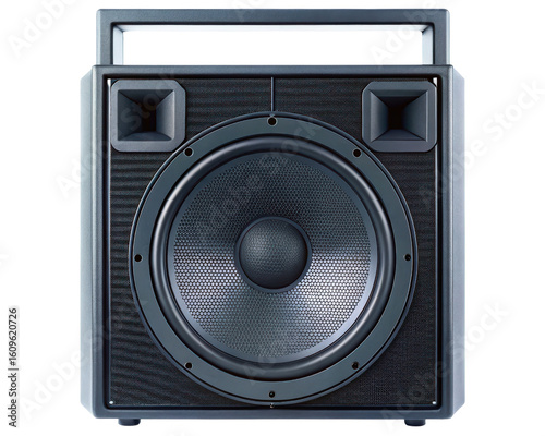 Portable public address system speaker with a large woofer and handle on a transparent background