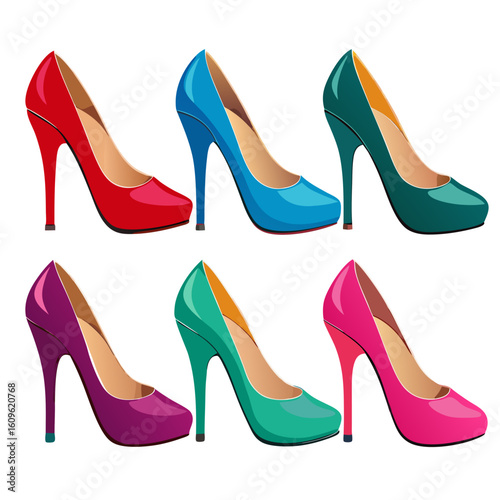 A vibrant collection of six high heel shoes displayed in two rows showcasing a spectrum of colors including red blue green purple teal and pink