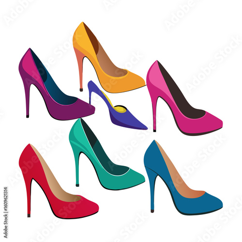 A vibrant collection of high heel shoes in various colors including red pink yellow blue purple and teal arranged on a clean white background showcasing
