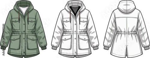 Hooded jackets with drawstrings, flap pockets, ribbed cuffs, zipper closure, front and back views, casual fashion, apparel design template