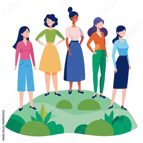 Diverse Group of Women Standing on Green Landscape Representing Female Empowerment and Unity with Varied Skin Tones Hairstyles and Outfits Symbolizing Inclusivity and Strength in