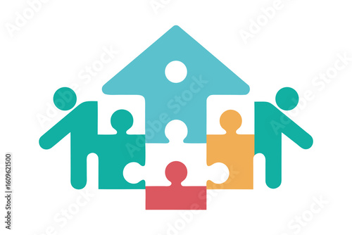 Puzzle Forming Safe Home with Diverse Hands – Support System Metaphor Vector Illustration