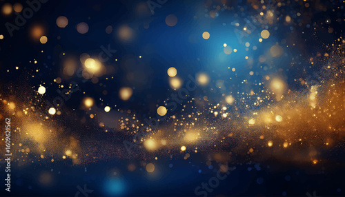 Elegant abstract background with dark blue and gold particles, Christmas golden light bokeh on navy blue, gold foil texture for holiday themes
