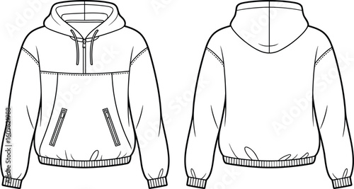 Hoodie front, back view, zippered pockets, drawstring hood, ribbed cuffs, casual wear, fashion design sketch, winter apparel, garment illustration