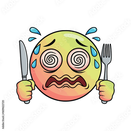 Overwhelmed Emoji Holding Fork and Knife Feeling Dizzy and Sweaty Ready to Eat