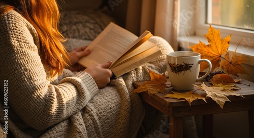 Person reading a book with a warm drink and autumn leaves.