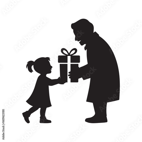 Silhouette of a young girl giving a gift to an adult representing generosity and thoughtful giving on a special occasion