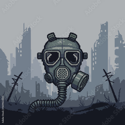 Pixelated Gas Mask in a Post-Apocalyptic Cityscape Protection Against Environmental Hazards.