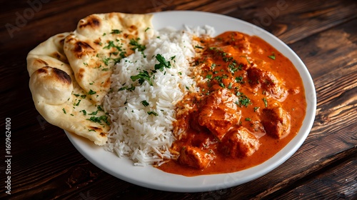 Butter chicken with rice & naan bread on wooden table. Use for menus, blogs, marketing, or restaurant websites.
