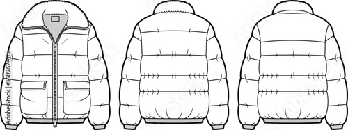 Puffer jacket front, back view, fluffy collar, padded outerwear, winter fashion, zipper closure, pocket design, horizontal stitching, clothing sketch