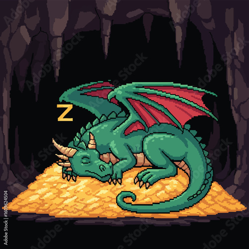 Pixel Art Green Dragon Sleeping on Gold Coins in a Cave.
