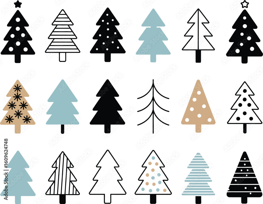 Fototapeta premium Winter Tree Doodle Collection Hand-Drawn Christmas Trees in Festive Styles, Seasonal Elements, and Holiday Designs Isolated on White for Cards, Crafts, and Decor Projects